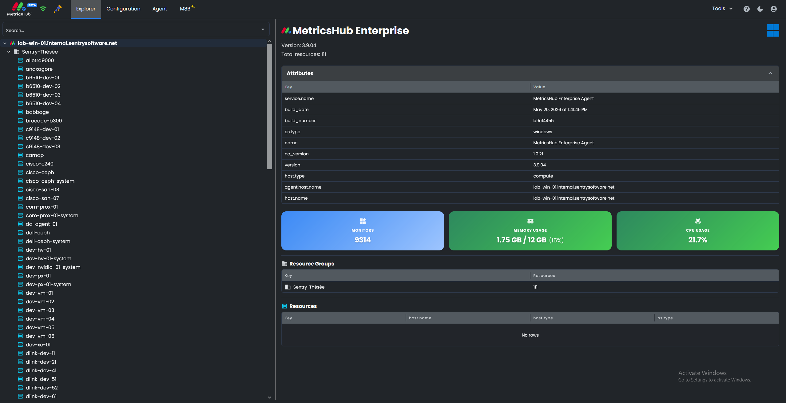 MetricsHub Web UI - Visualizing monitored hosts and collected metrics