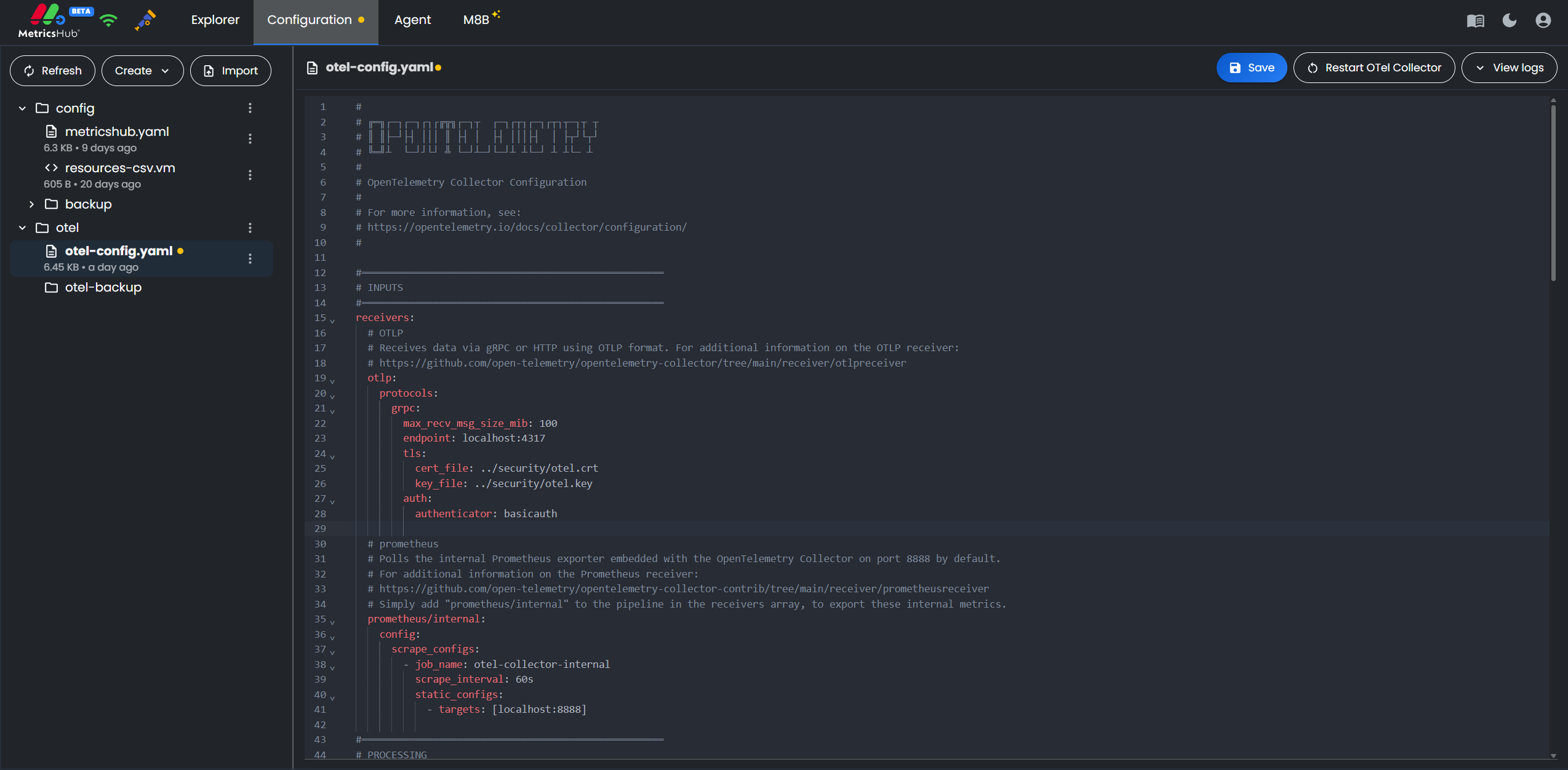 Configuring the OTel Collector from the MetricsHub Web UI