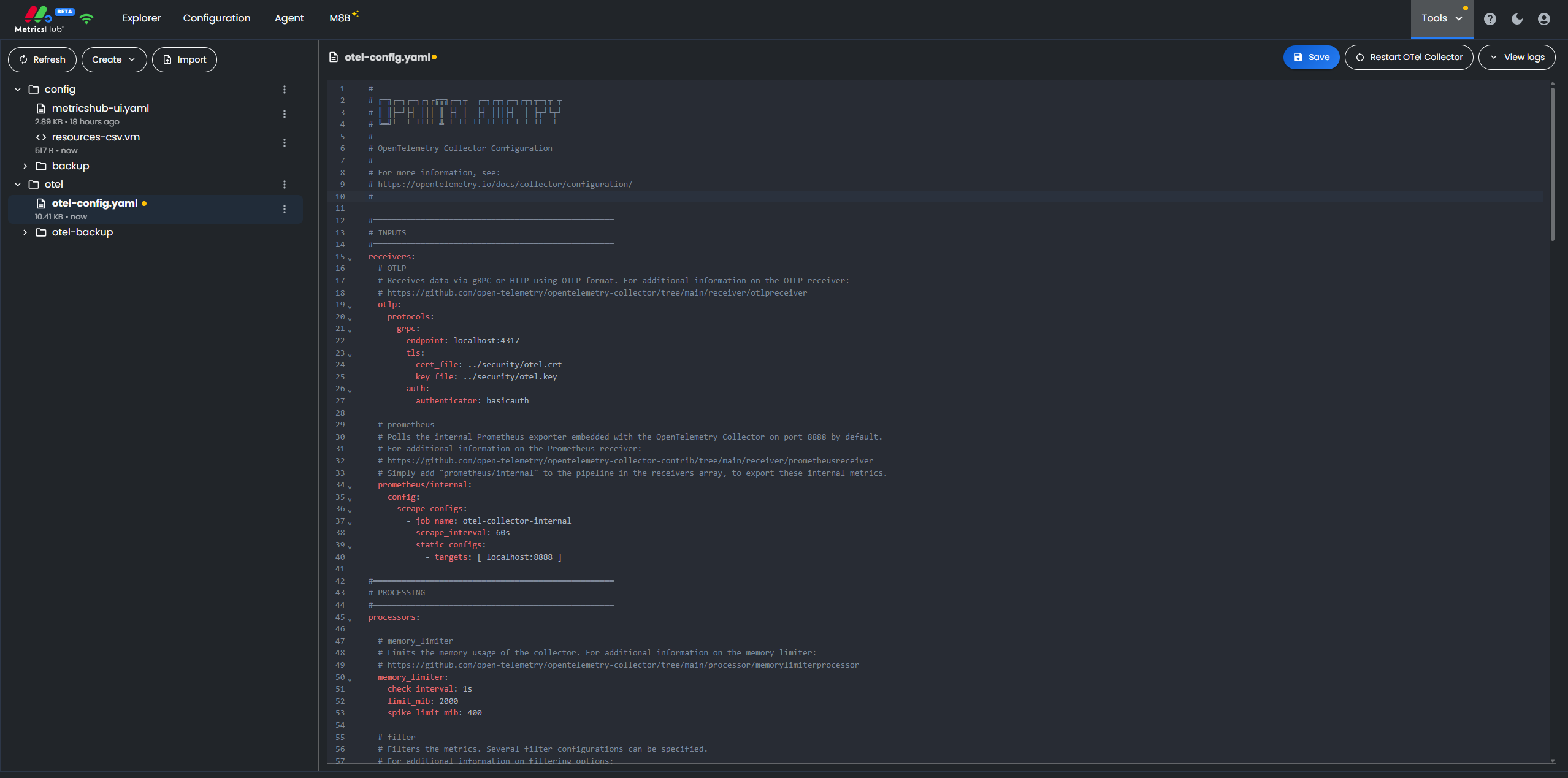 Configuring the OTel Collector from the MetricsHub Web UI