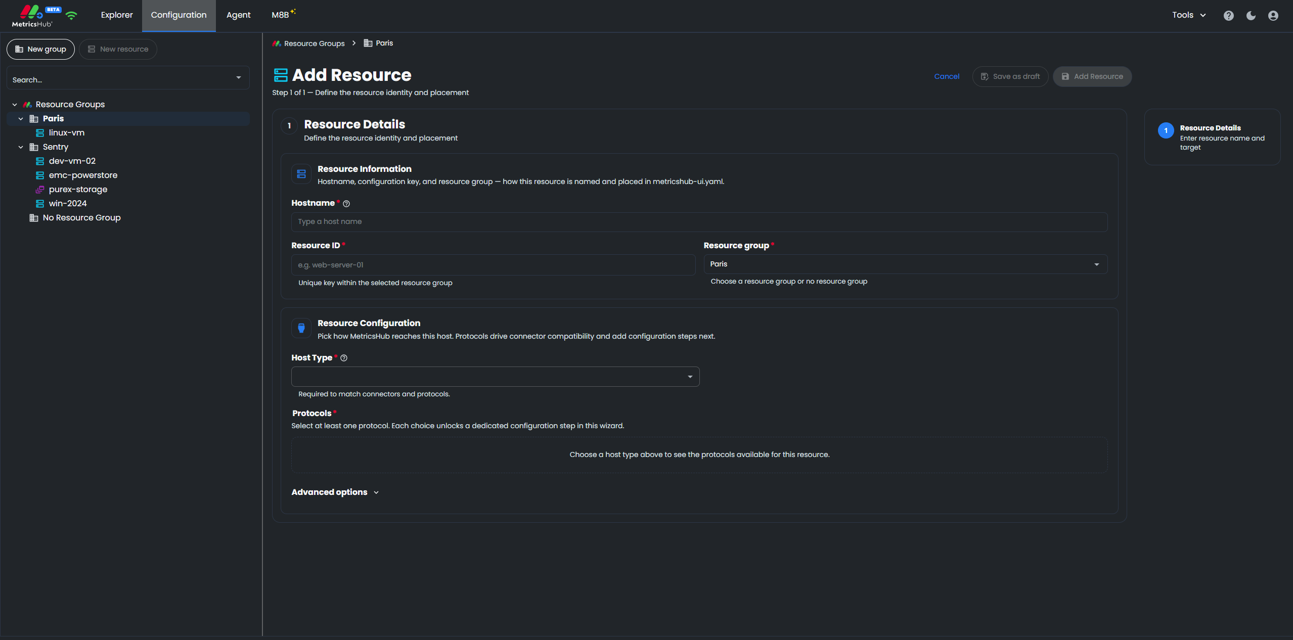 Configuring a resource from the MetricsHub Web Interface