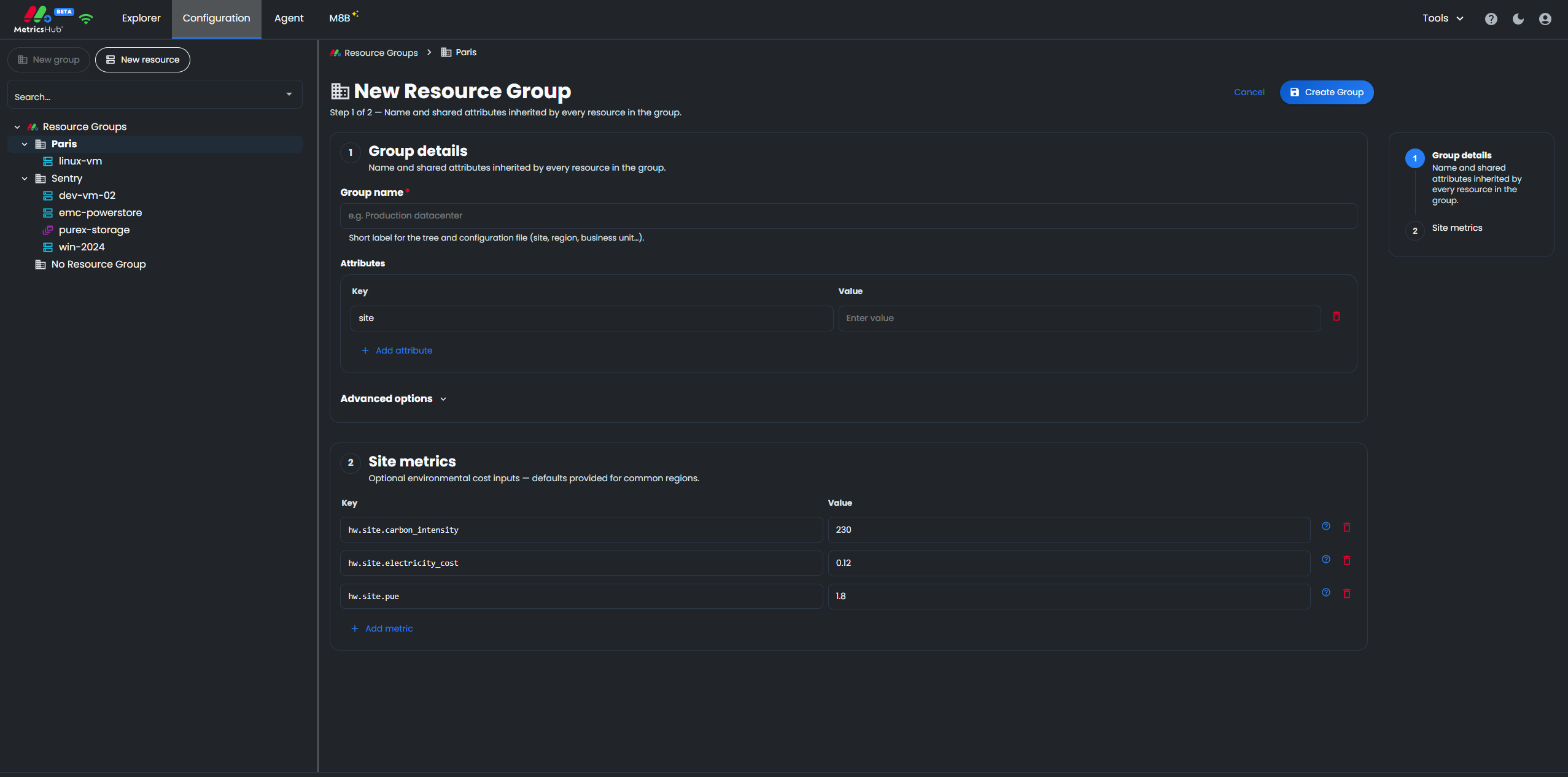 Configuring a resource group from the MetricsHub Web Interface